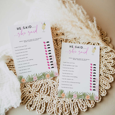 Fully editable and printable he said she said game with a miami design. Perfect for a miami, Bachelorette themed party