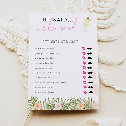 Fully editable and printable he said she said game with a miami design. Perfect for a miami, Bachelorette themed party