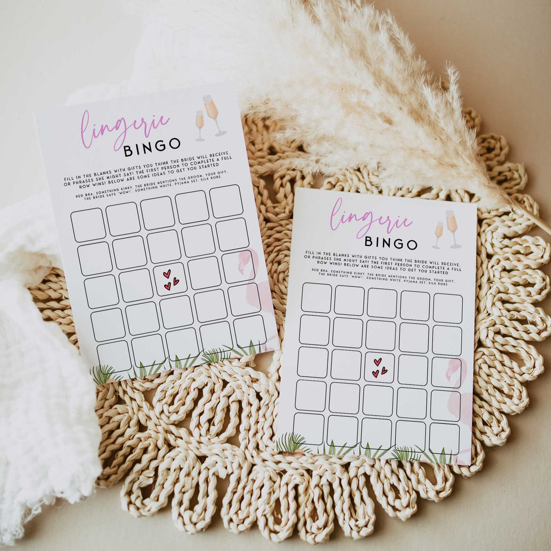 Fully editable and printable lingerie bingo game with a miami design. Perfect for a miami, Bachelorette themed party