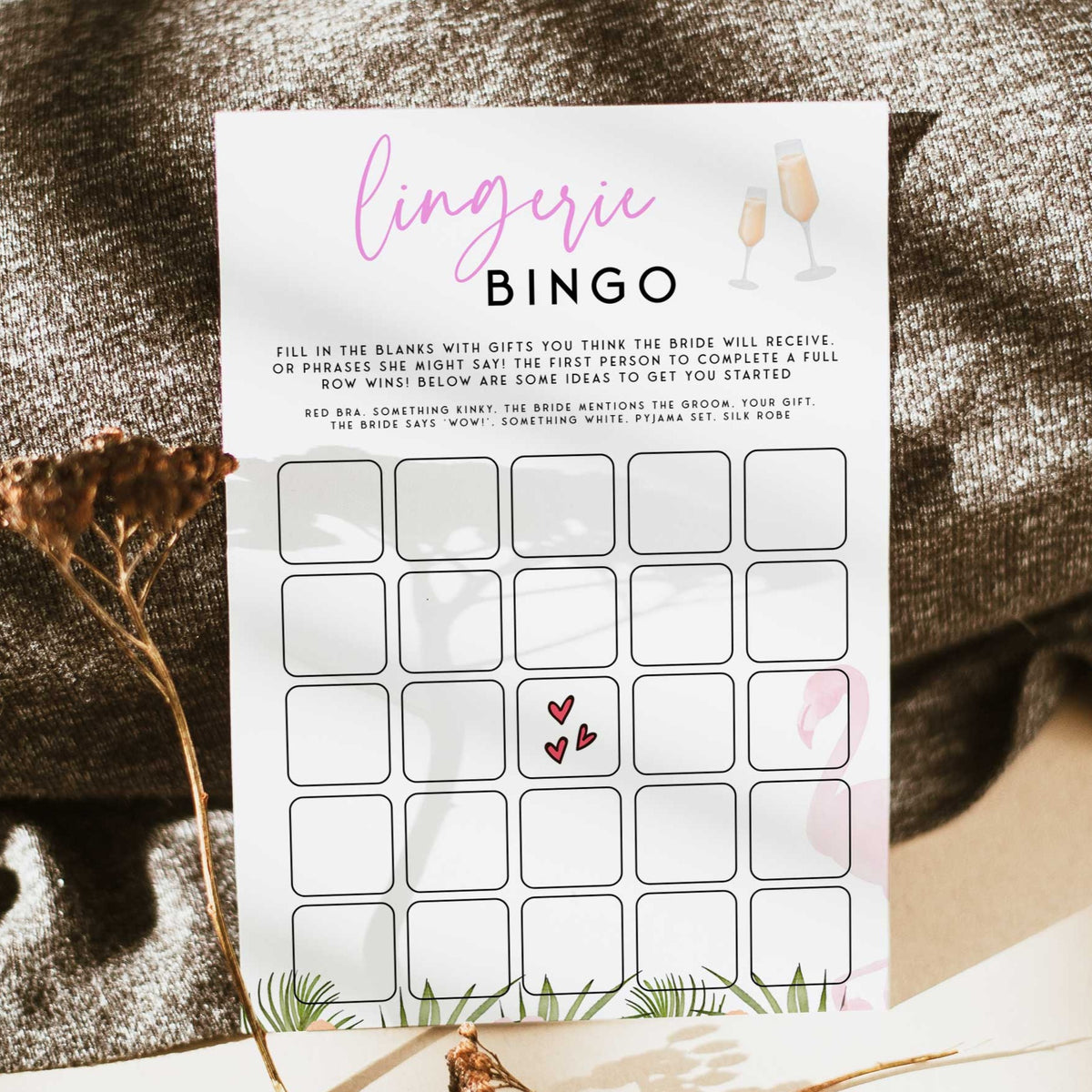 Fully editable and printable lingerie bingo game with a miami design. Perfect for a miami, Bachelorette themed party