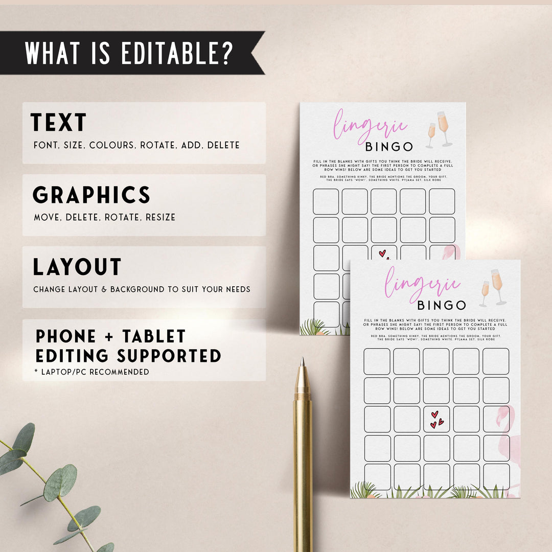 Fully editable and printable lingerie bingo game with a miami design. Perfect for a miami, Bachelorette themed party