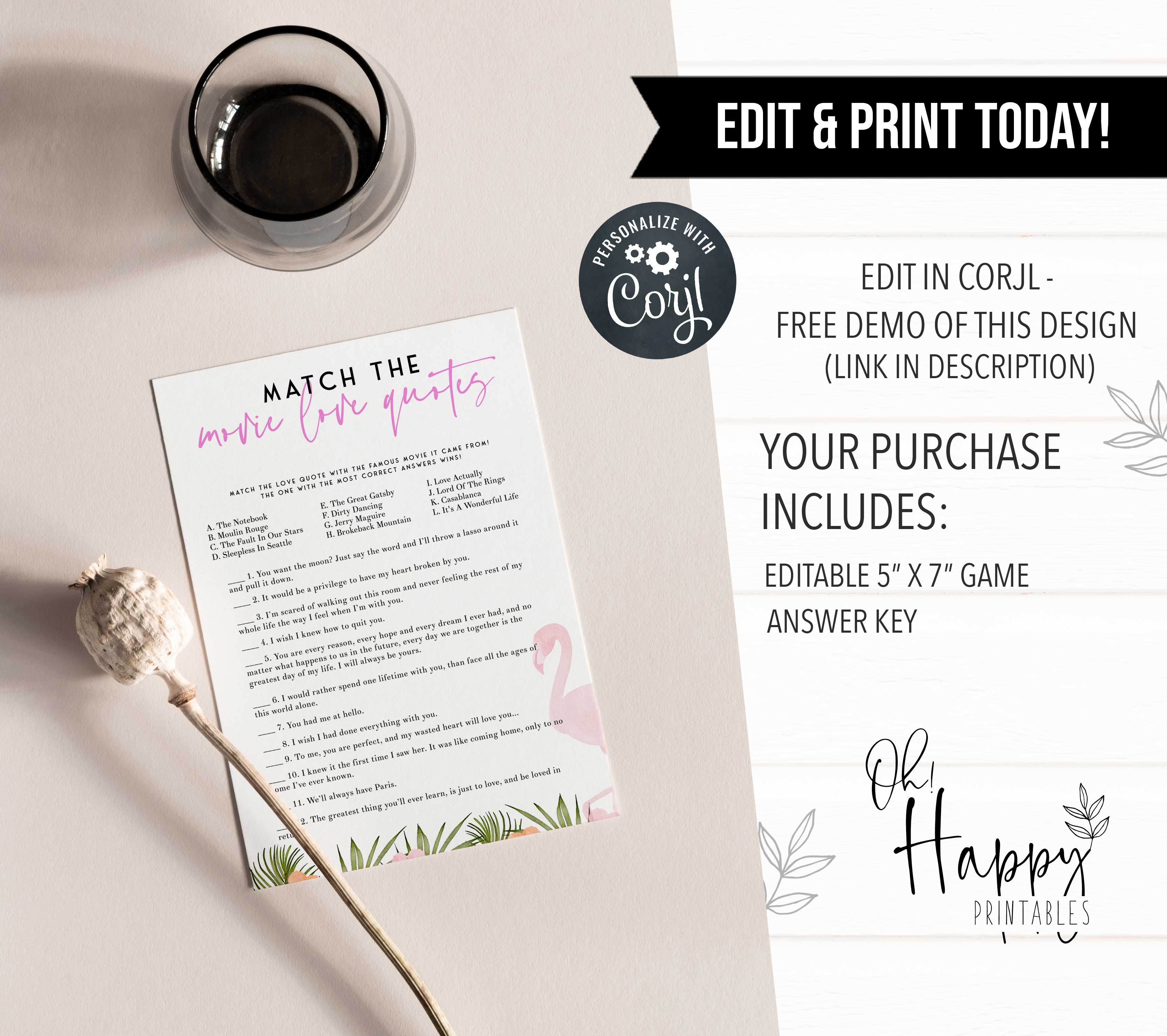 Fully editable and printable match the movie love quote game with a miami design. Perfect for a miami, Bachelorette themed party