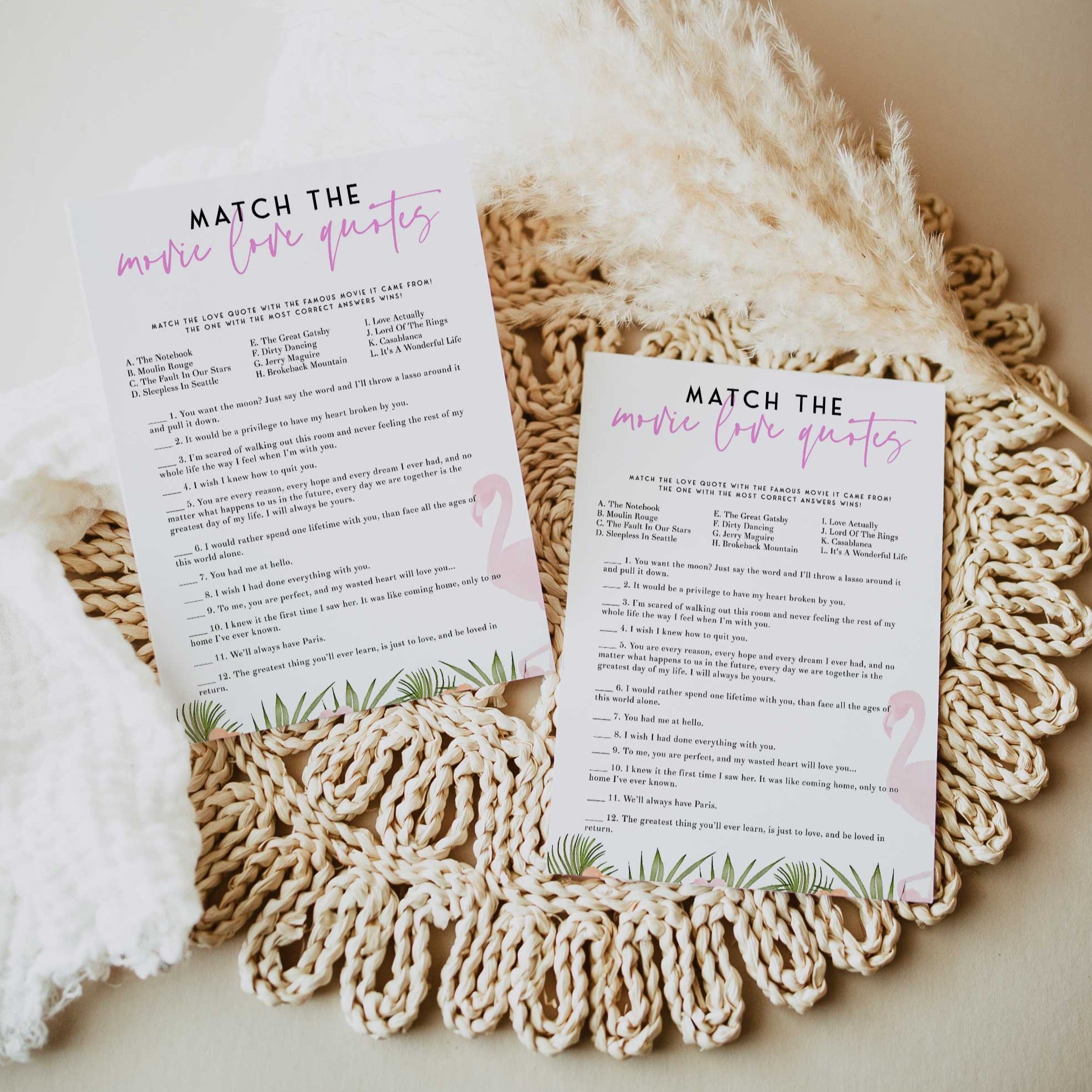Fully editable and printable match the movie love quote game with a miami design. Perfect for a miami, Bachelorette themed party