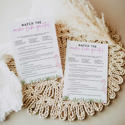 Fully editable and printable match the movie love quote game with a miami design. Perfect for a miami, Bachelorette themed party