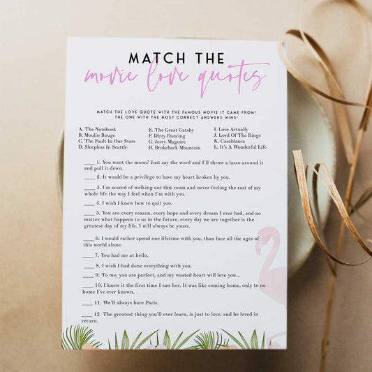 Fully editable and printable match the movie love quote game with a miami design. Perfect for a miami, Bachelorette themed party