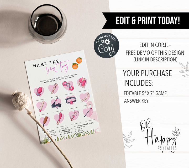 Fully editable and printable name the sex toy game with a miami design. Perfect for a miami, Bachelorette themed party