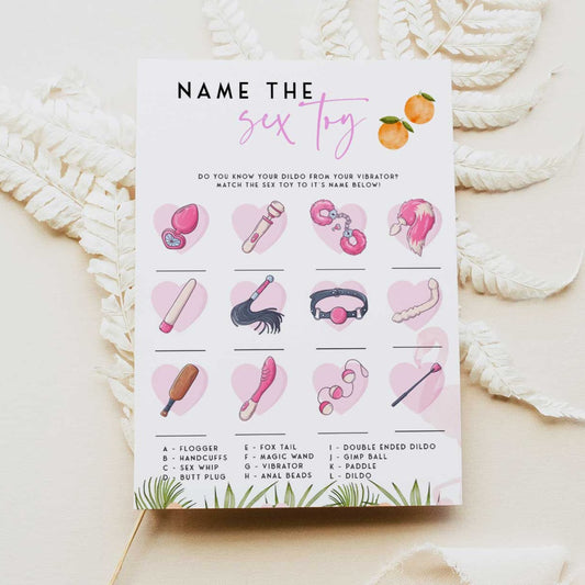 Fully editable and printable name the sex toy game with a miami design. Perfect for a miami, Bachelorette themed party