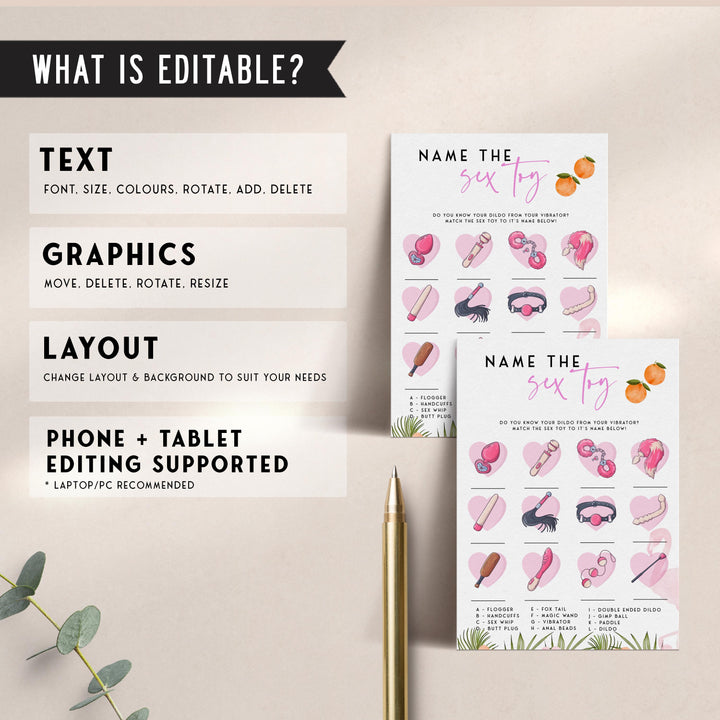 Fully editable and printable name the sex toy game with a miami design. Perfect for a miami, Bachelorette themed party