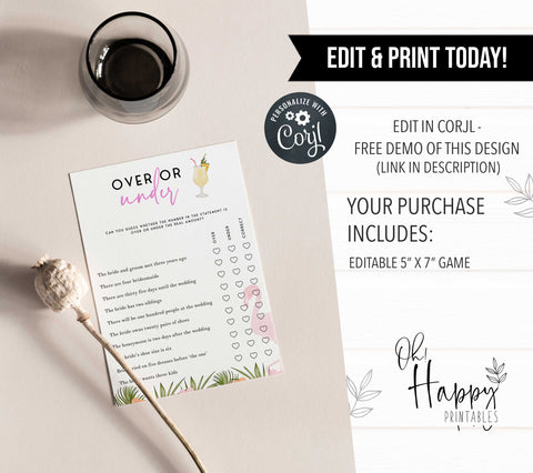 Fully editable and printable over or under game with a miami design. Perfect for a miami, Bachelorette themed party