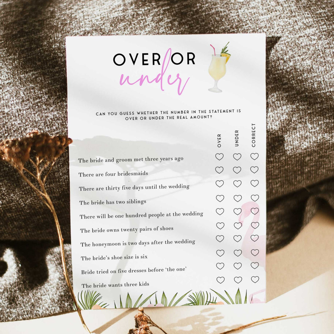 Fully editable and printable over or under game with a miami design. Perfect for a miami, Bachelorette themed party