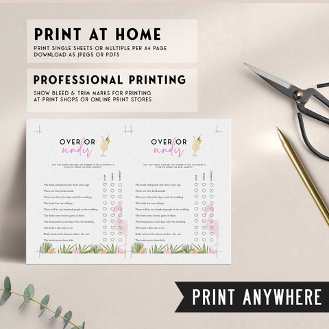 Fully editable and printable over or under game with a miami design. Perfect for a miami, Bachelorette themed party