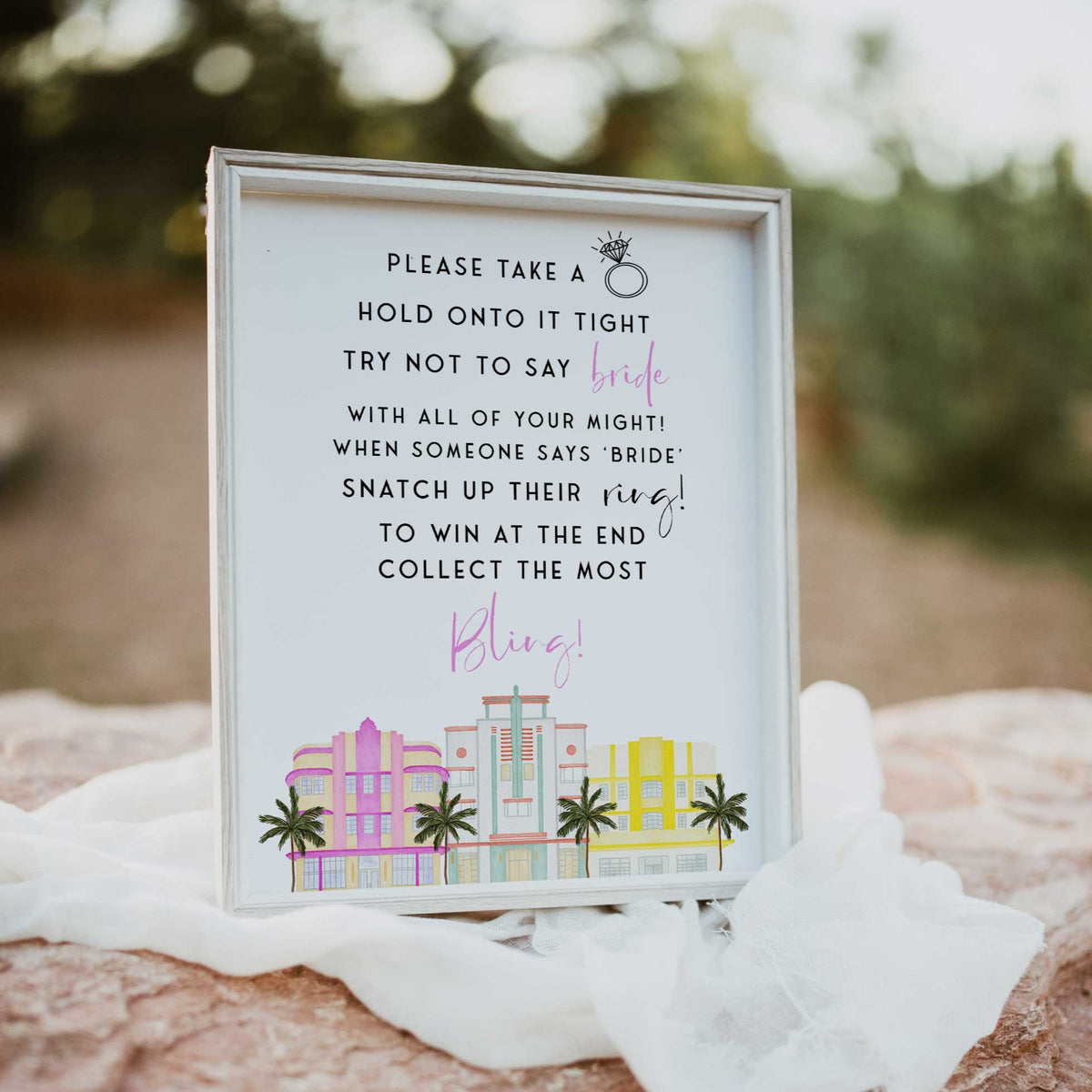 Fully editable and printable please take a ring game with a miami design. Perfect for a miami, Bachelorette themed party