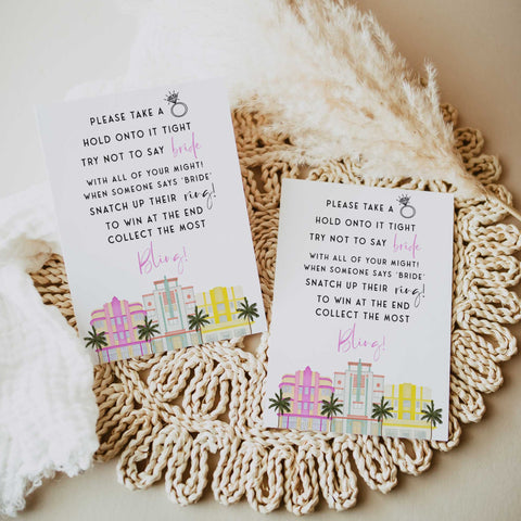 Fully editable and printable please take a ring game with a miami design. Perfect for a miami, Bachelorette themed party