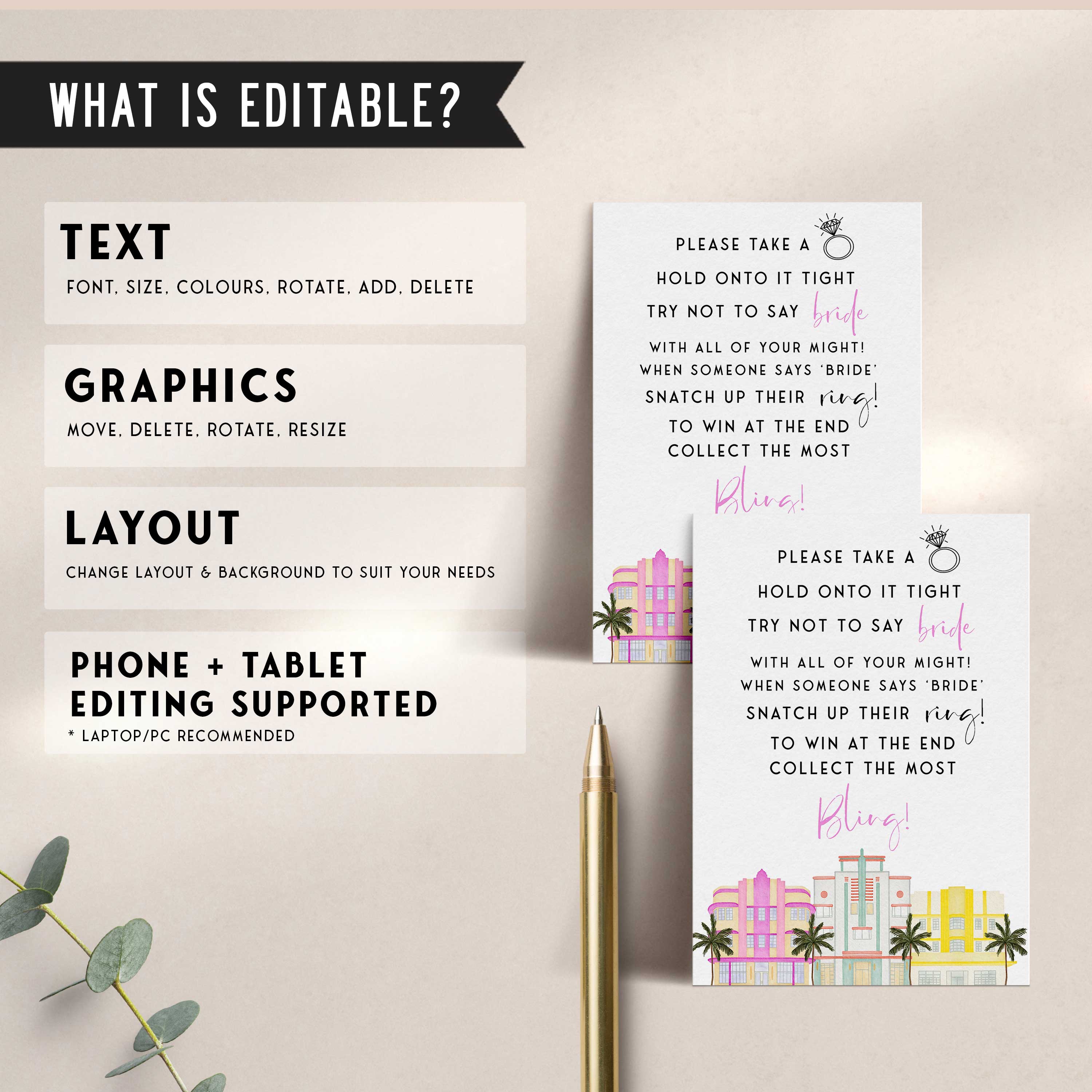 Fully editable and printable please take a ring game with a miami design. Perfect for a miami, Bachelorette themed party