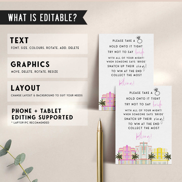 Fully editable and printable please take a ring game with a miami design. Perfect for a miami, Bachelorette themed party