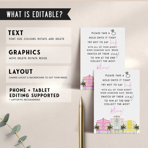 Fully editable and printable please take a ring game with a miami design. Perfect for a miami, Bachelorette themed party