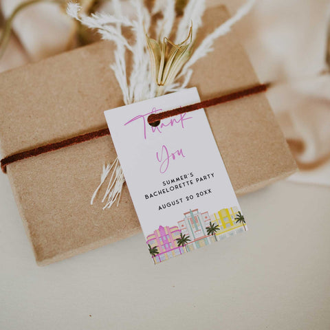 fully editable Miami themed bachelorette party bundle including 40 editable games, invitations, mobile invitations, signs, thank you tags and more