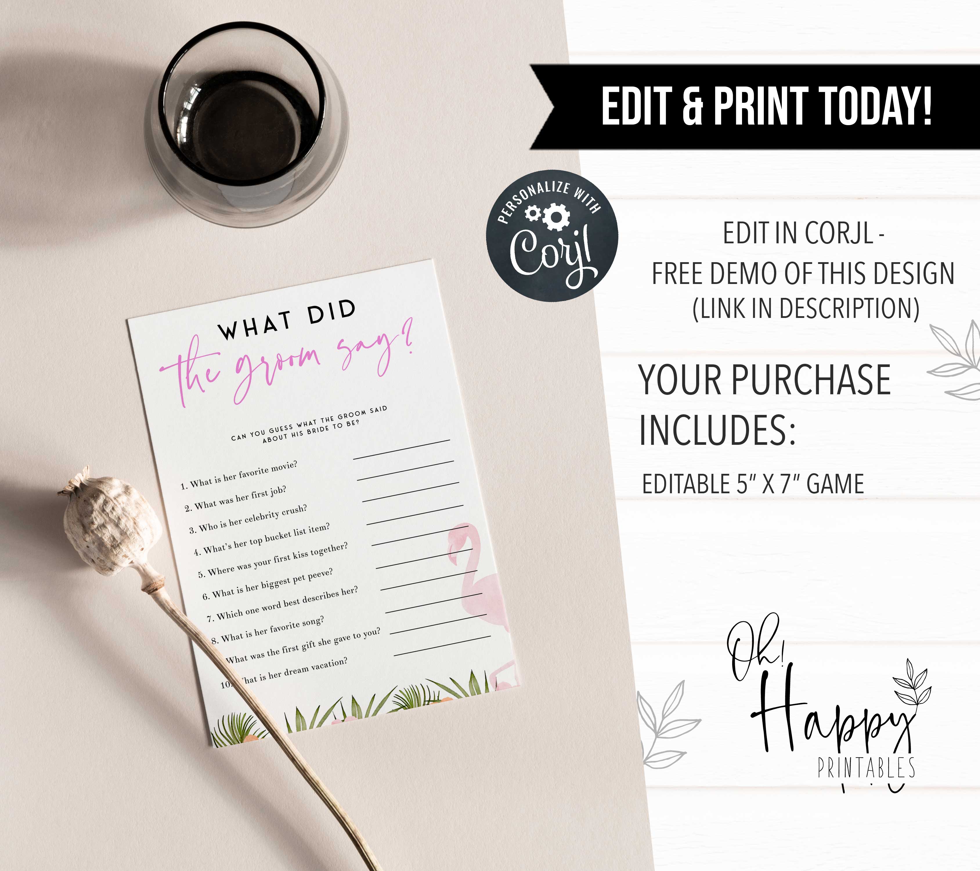 Fully editable and printable what did the groom say game with a miami design. Perfect for a miami, Bachelorette themed party