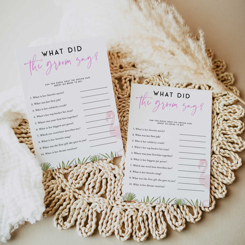 Fully editable and printable what did the groom say game with a miami design. Perfect for a miami, Bachelorette themed party