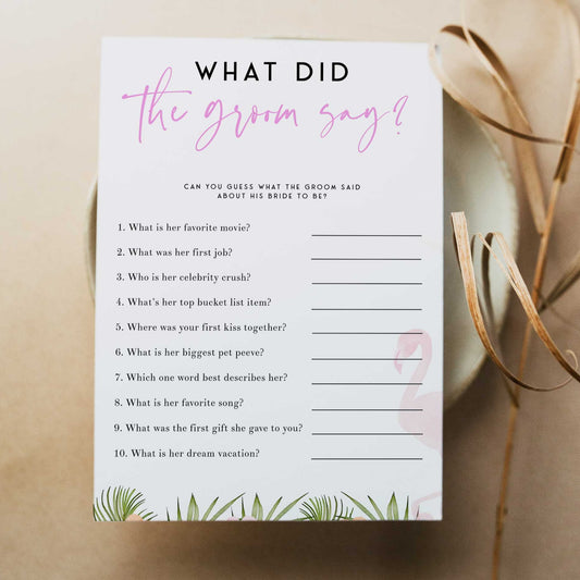 Fully editable and printable what did the groom say game with a miami design. Perfect for a miami, Bachelorette themed party