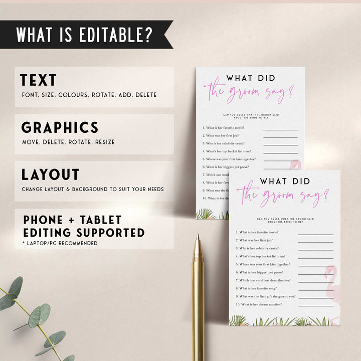 Fully editable and printable what did the groom say game with a miami design. Perfect for a miami, Bachelorette themed party