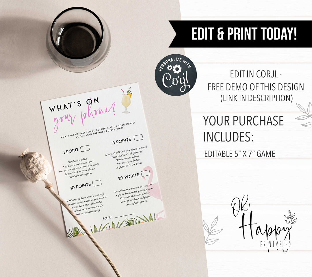 Fully editable and printable what's in your phone game with a miami design. Perfect for a miami, Bachelorette themed party