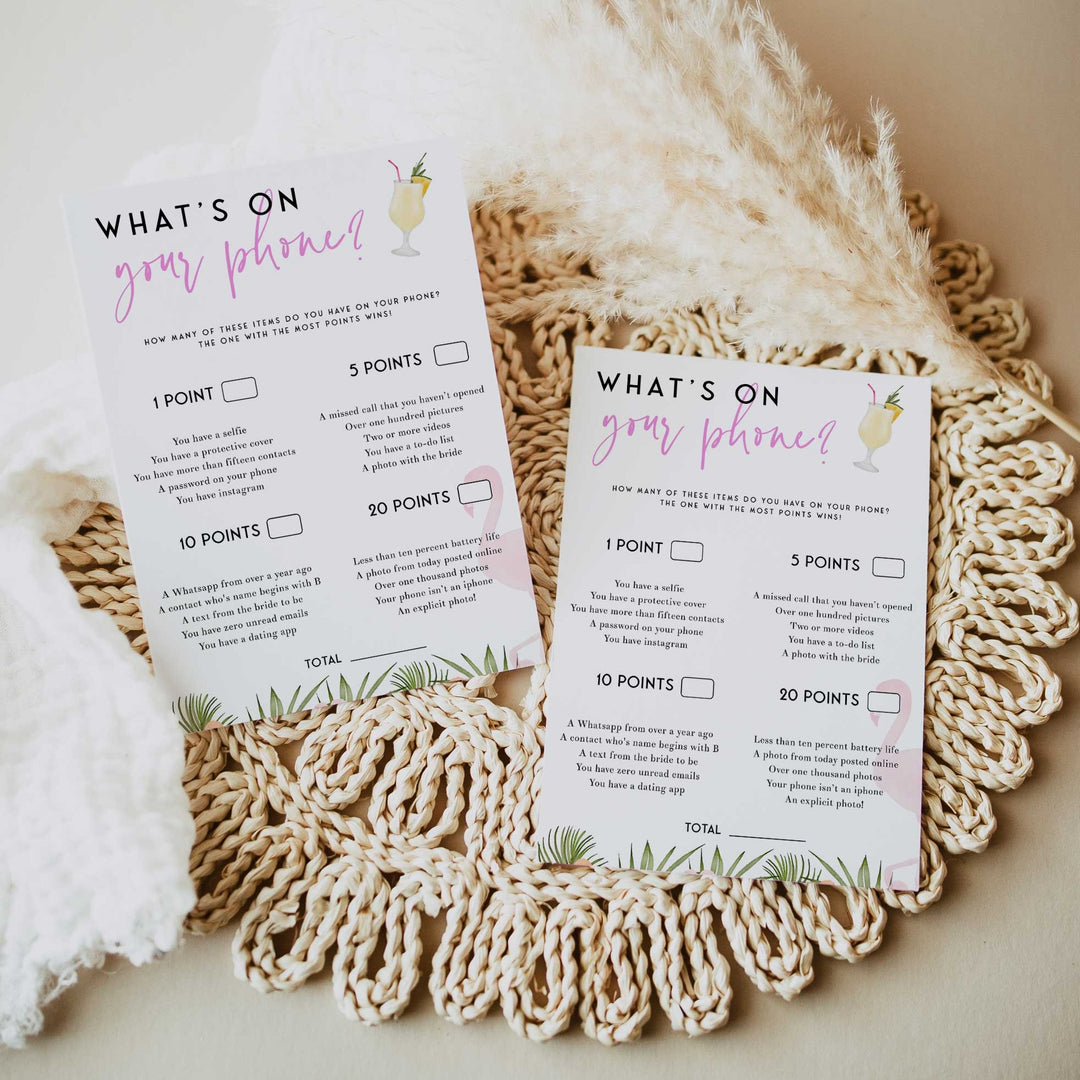 Fully editable and printable what's in your phone game with a miami design. Perfect for a miami, Bachelorette themed party