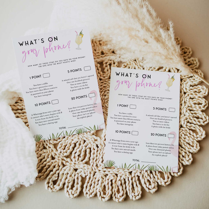 Fully editable and printable what's in your phone game with a miami design. Perfect for a miami, Bachelorette themed party