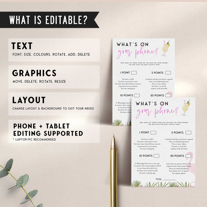 Fully editable and printable what's in your phone game with a miami design. Perfect for a miami, Bachelorette themed party