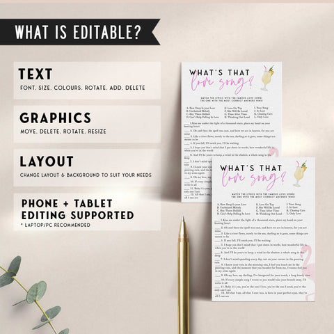 Fully editable and printable what's that love song game with a miami design. Perfect for a miami, Bachelorette themed party