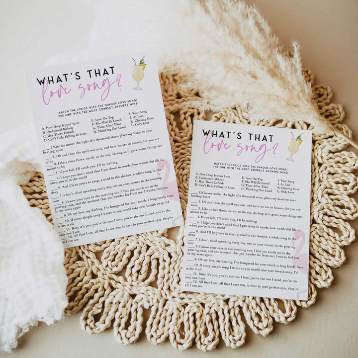 Fully editable and printable what's that love song game with a miami design. Perfect for a miami, Bachelorette themed party