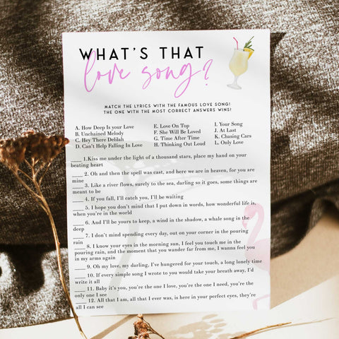 Fully editable and printable what's that love song game with a miami design. Perfect for a miami, Bachelorette themed party