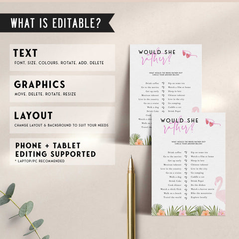 Fully editable and printable would she rather game with a miami design. Perfect for a miami, Bachelorette themed party