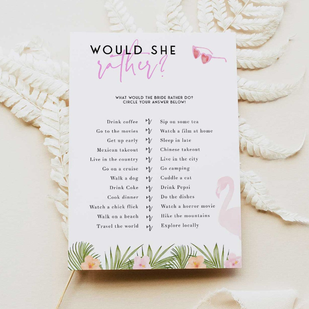 Fully editable and printable would she rather game with a miami design. Perfect for a miami, Bachelorette themed party