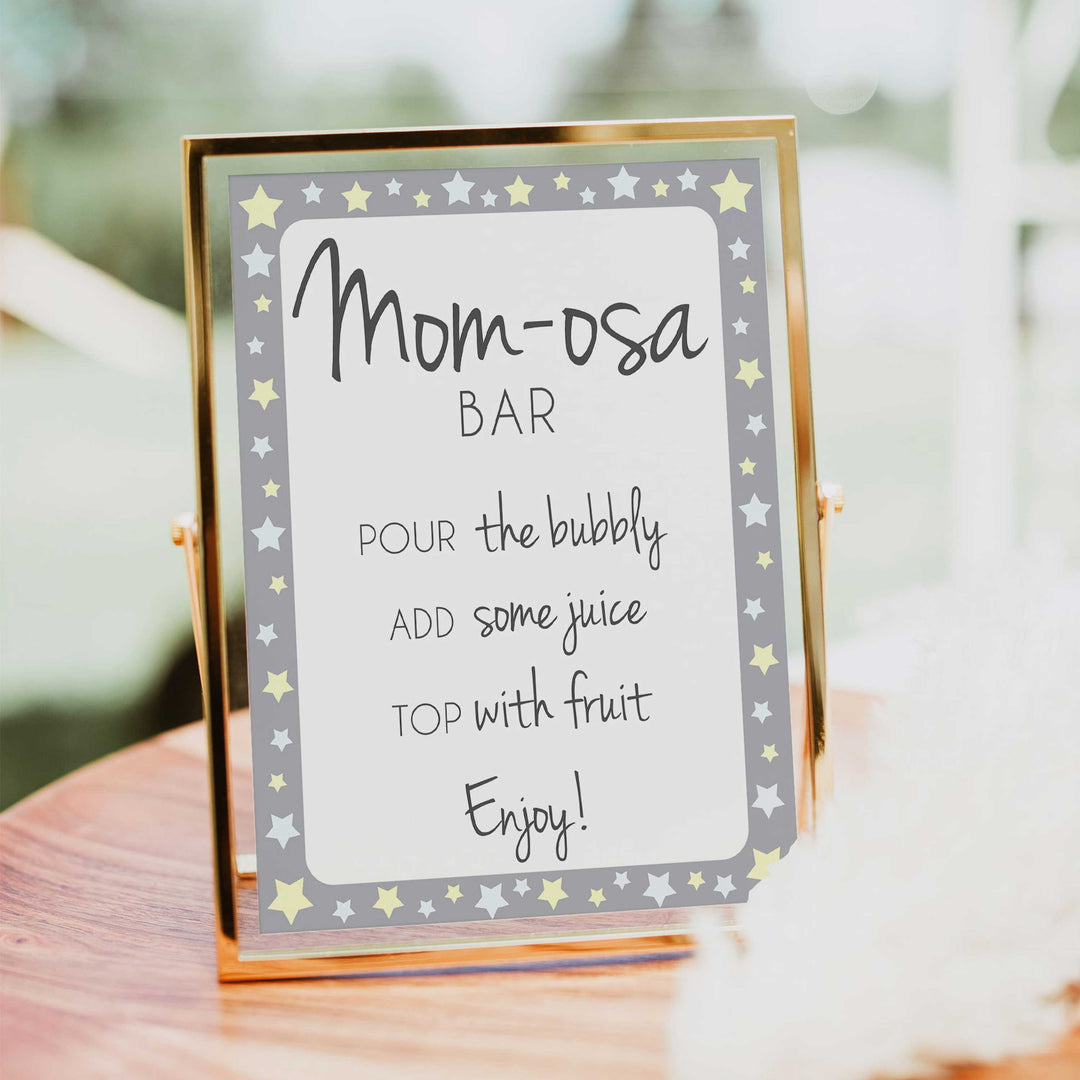 Printable baby signs, momosa sign, yellow and grey stars, printable baby shower signs, top baby shower decor, baby printable decor