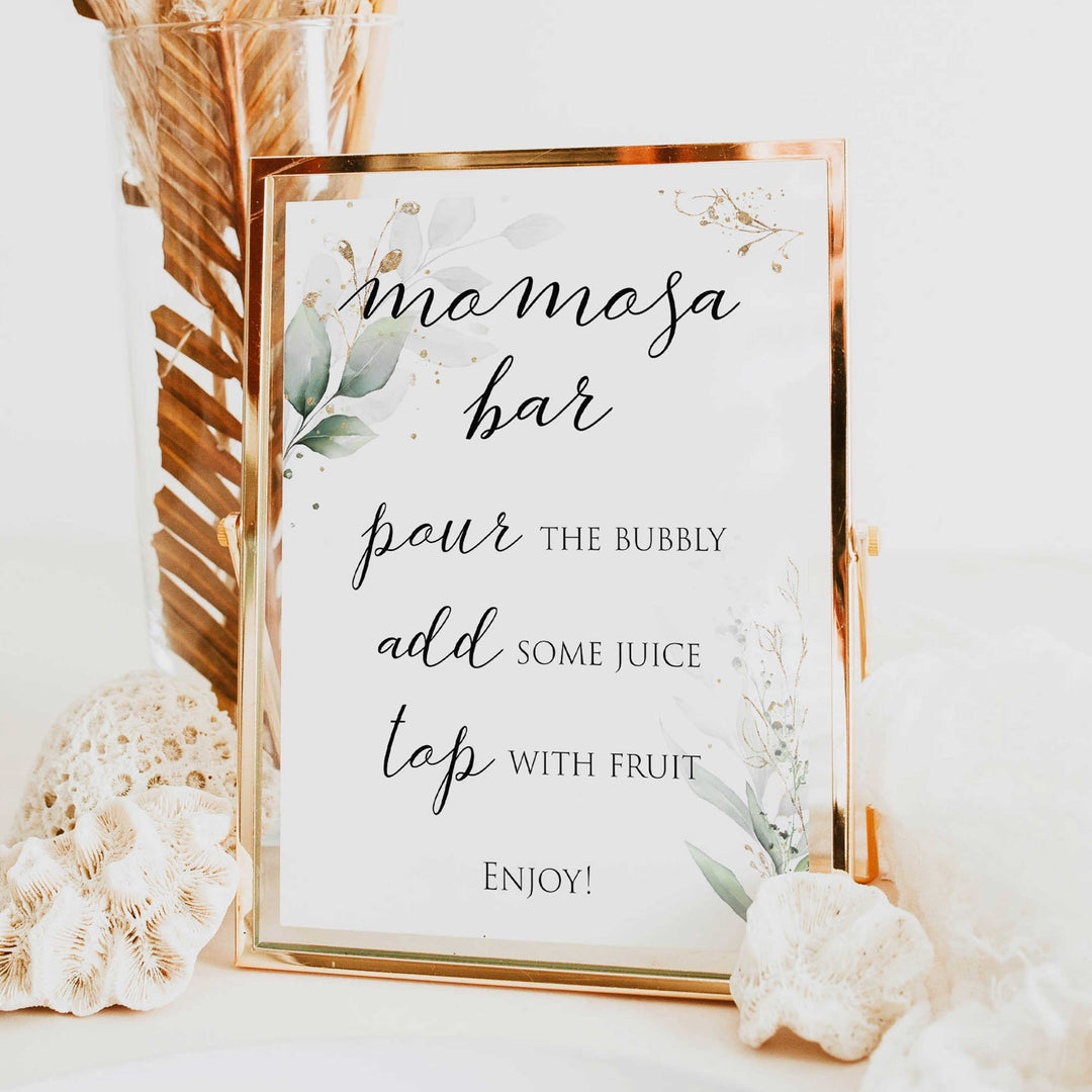 Gold green leaf baby signs, momosa baby sign, printable baby shower decor, fun baby signs, top baby games to play, gold leaf baby shower decor, greenery baby shower ideas