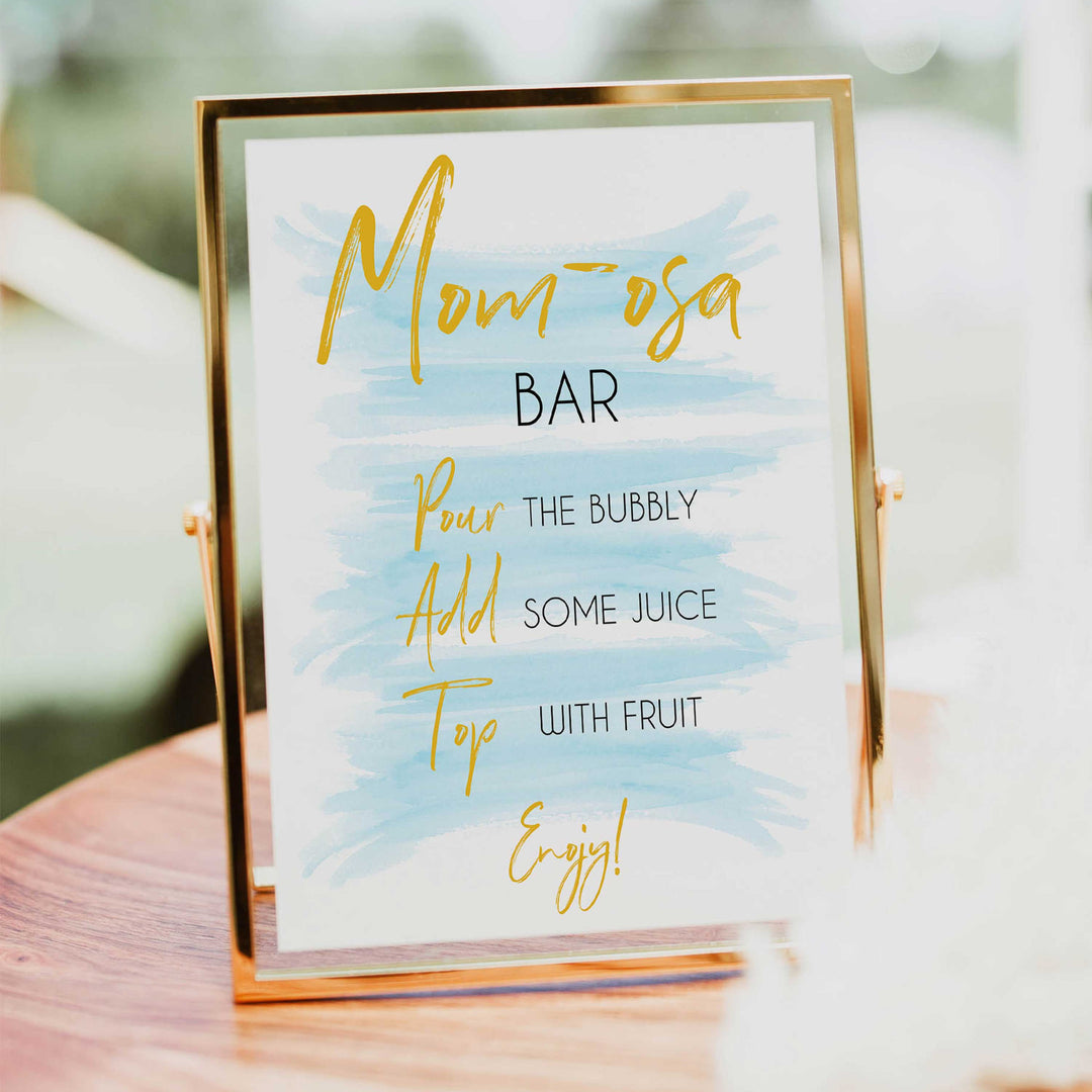 blue swash baby signs, momosa baby shower sign, printable baby signs, fun baby shower ideas, baby shower decor