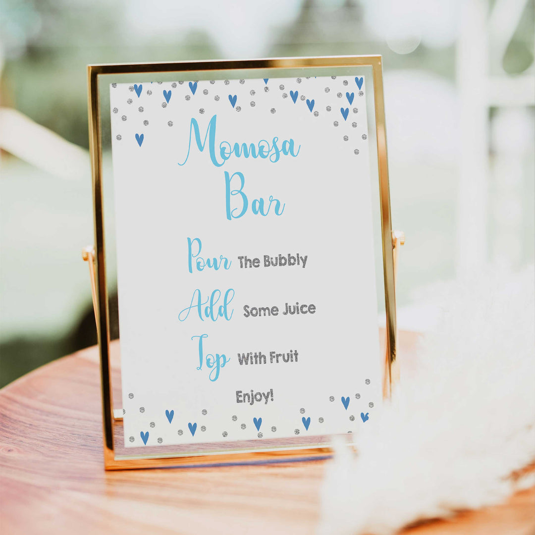 momosa baby table sign, momosa baby sign, Blue hearts baby decor, printable baby table signs, printable baby decor, silver glitter table signs, fun baby signs, blue hearts fun baby table signs