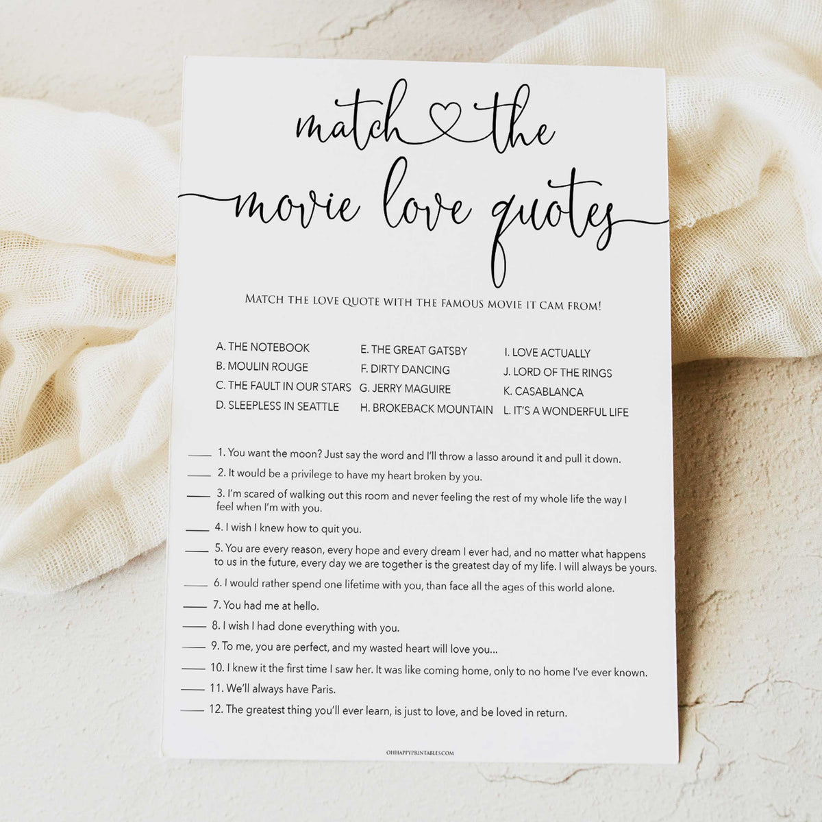 minimalist bachelorette games, match the movie love quotes, dirty bridal games, printable bridal games, bridal shower games, hen party hames, bachelorette games