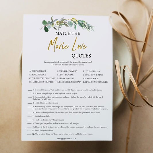 match the movie love quotes, Bridal shower games, printable bridal shower games, eucalyptus greenery bridal games