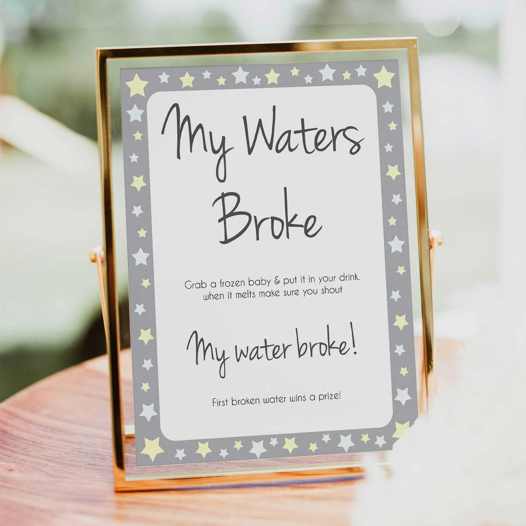 Grey Yellow Stars Waters Broke Game, Printable Baby Shower Games, Waters Broke Baby Game, My Waters Broke Game, Stars Baby Shower Games, fun baby shower games, popular baby shower games