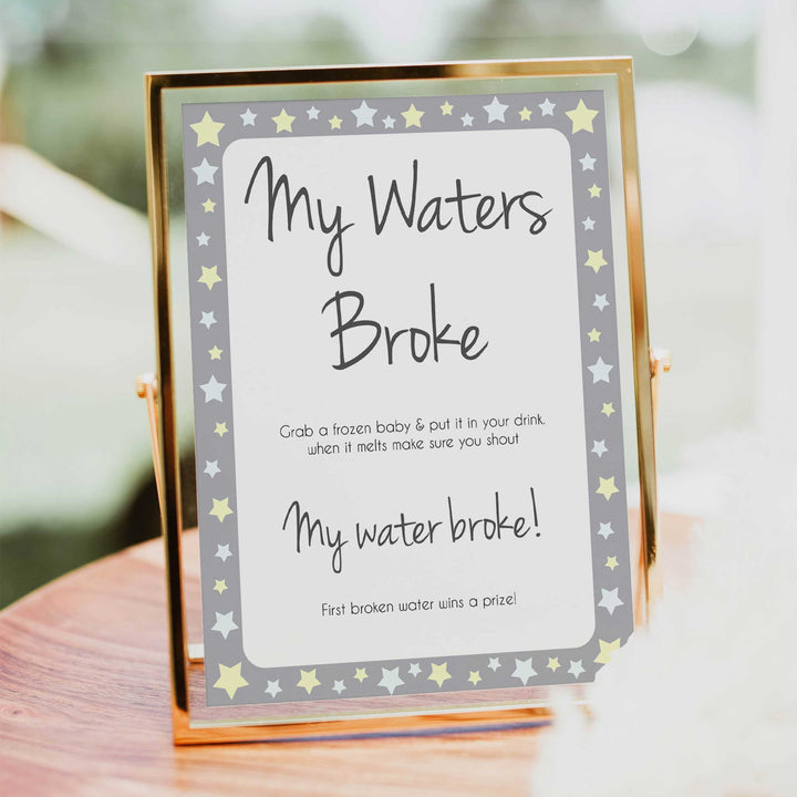 Grey Yellow Stars Waters Broke Game, Printable Baby Shower Games, Waters Broke Baby Game, My Waters Broke Game, Stars Baby Shower Games, fun baby shower games, popular baby shower games