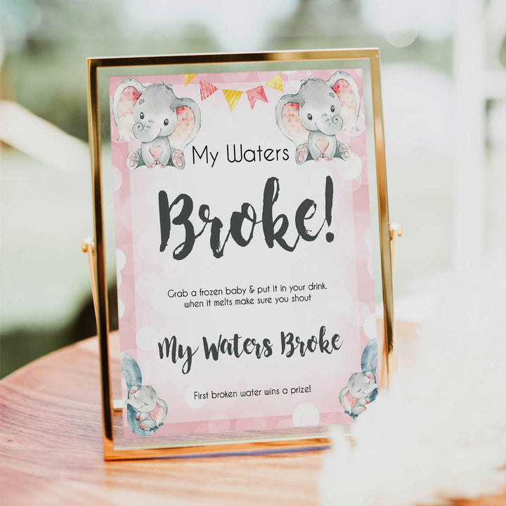 pink elephant baby games, my waters broke baby shower games, printable baby shower games, baby shower games, fun baby games, popular baby games, pink baby games