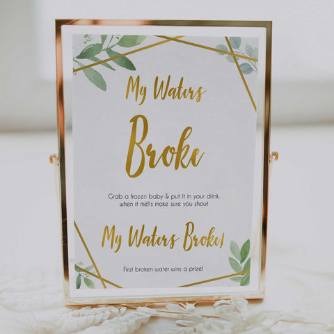 gold geometric my waters broke baby shower games, printable baby shower games, fun baby games, popular baby games, gold baby games