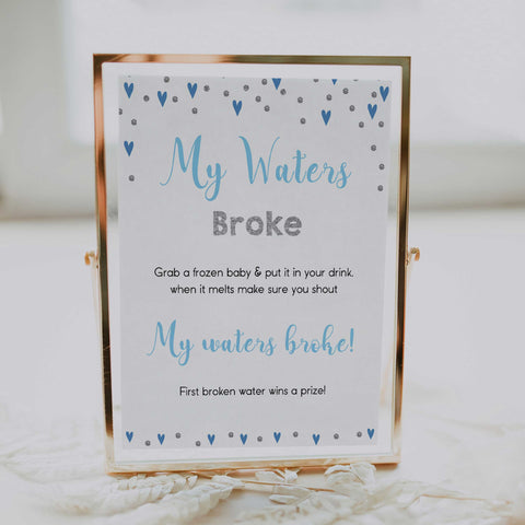 my water broke game, don't say baby game, Printable baby shower games, small blue hearts fun baby games, baby shower games, fun baby shower ideas, top baby shower ideas, silver baby shower, blue hearts baby shower ideas