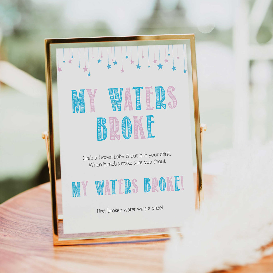 Gender reveal baby games, my waters broke baby game, gender reveal shower, fun baby games, gender reveal ideas, popular baby games, best baby games, printable baby games, gender reveal baby games