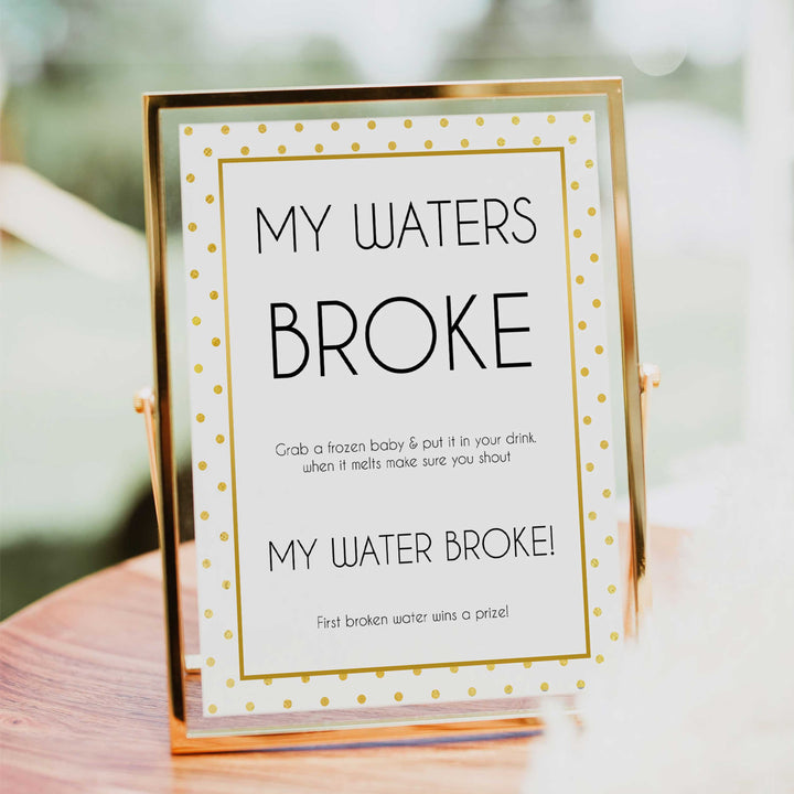 my waters broke game, Printable baby shower games, baby gold dots fun baby games, baby shower games, fun baby shower ideas, top baby shower ideas, gold glitter shower baby shower, friends baby shower ideas