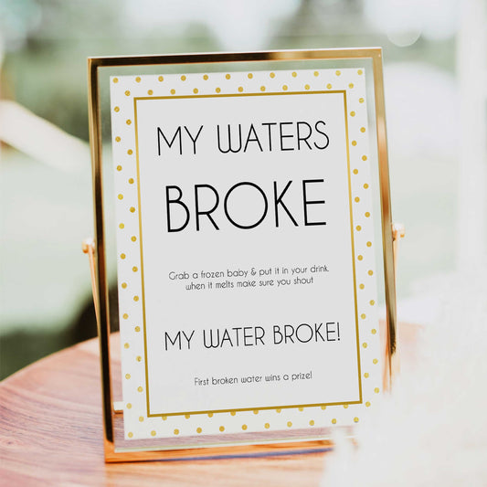my waters broke game, Printable baby shower games, baby gold dots fun baby games, baby shower games, fun baby shower ideas, top baby shower ideas, gold glitter shower baby shower, friends baby shower ideas