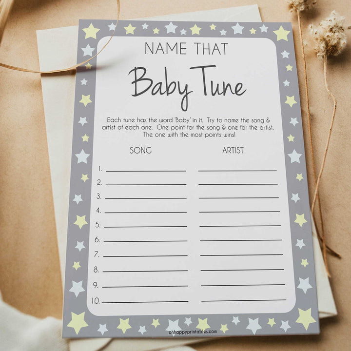 Grey Yellow Stars Name That Baby Tune Shower Game, Baby Song Games,Printable Baby Shower Games, Baby Shower, Name Baby Song, Baby Games, printable baby shower games, fun baby games, popular baby games