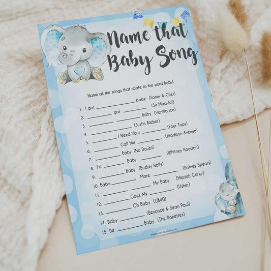 Blue elephant baby games, name that baby song, elephant baby games, printable baby games, top baby games, best baby shower games, baby shower ideas, fun baby games, elephant baby shower
